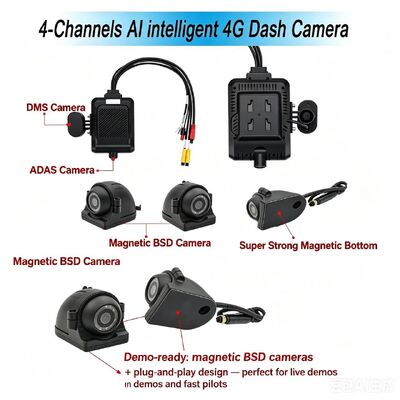 Εμπρός και πίσω Dash Cam 4CH ADAS DMS Auto Recorder Video With 4G GPS WIFI Magnetic Camera for Truck
