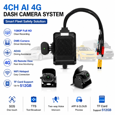 Κάμερα Ταμπλό AI 4 καναλιών 4G, ADAS + DMS + BSD Ενεργή Ασφάλεια, Εγγραφή 1080P+720P για Ταξί