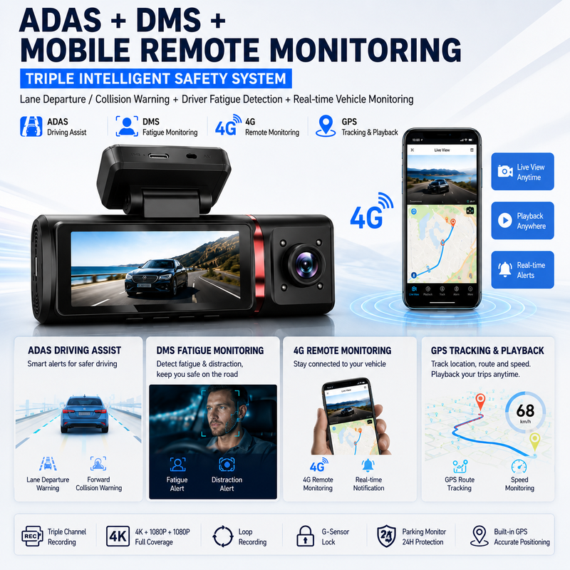 3-Κανάλια AI 4G Dash Camera 4K εμπρός, ADAS & DMS, GPS Tracking, 24/7 Παρακολούθηση στάθμευσης